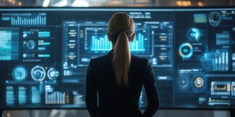 A woman in a sleek suit analyzes complex data on a futuristic display, showcasing graphs and digital information in a high-tech environment.