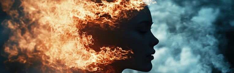 Fototapeta premium Silhouette of a face intertwined with roaring flames creating a striking contrast against a smoky background