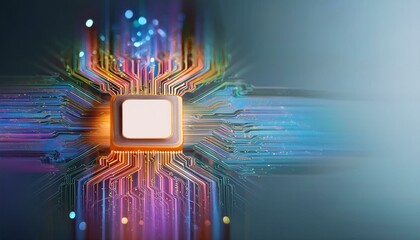 Consumer future and technology concepts: Quantum computing concept, glowing circuits and particles.