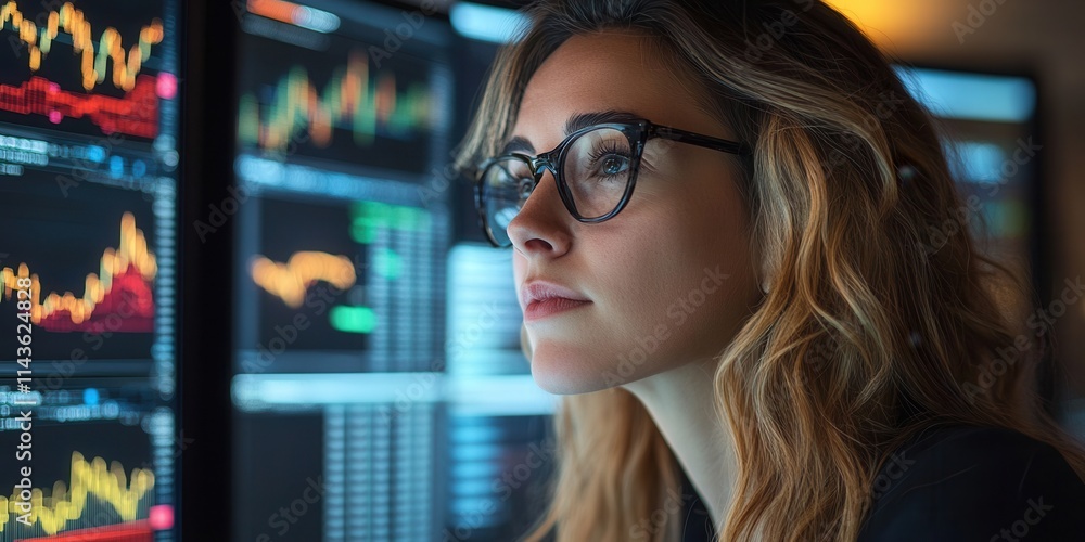 Poster a focused woman analyzes stock market data on multiple monitors, surrounded by colorful graphs and c