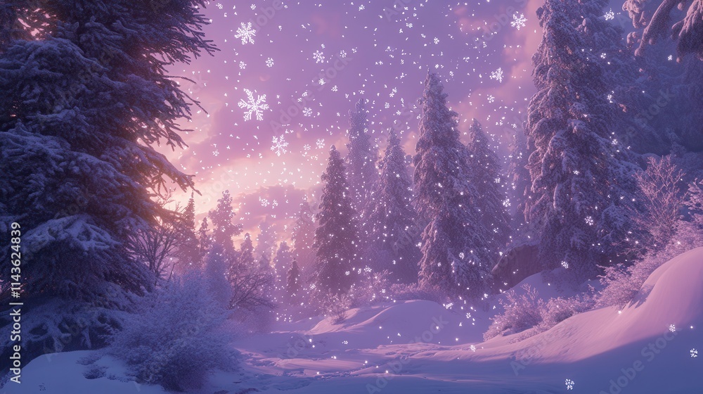 Aufkleber serene snowy landscape at twilight with falling snowflakes in a tranquil forest setting