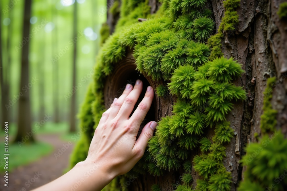 Poster hand touching moss-covered tree bark in tranquil forest setting with lush greenery and serene atmosp