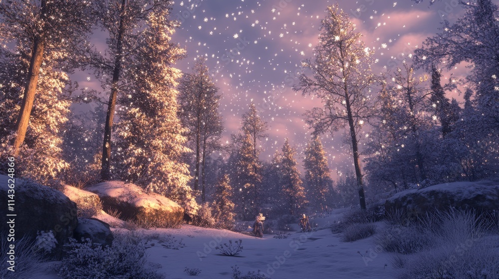 Poster Serene snowy landscape at twilight with falling snowflakes and soft glowing light