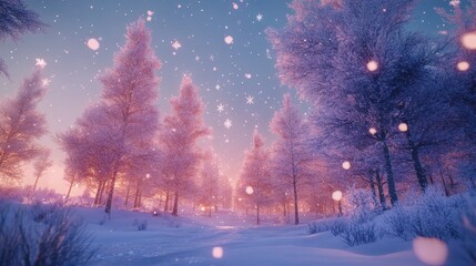 Serene twilight scene of snowy landscape with softly falling snowflakes in a tranquil winter forest