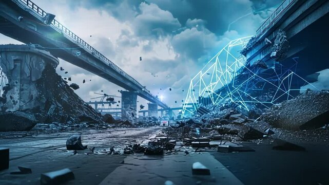Futuristic technology analyzing a destroyed highway with debris and a damaged bridge after a natural disaster with helicopters flying and digital network lines