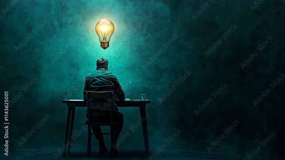 Poster glowing lightbulb floating above silhouetted figure sitting at a desk surrounded by darkness represe