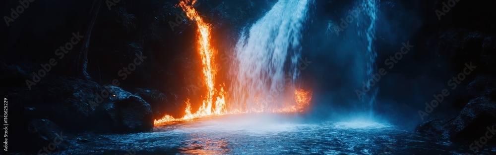 Poster roaring waterfall merges with intense wildfire creating a stunning contrast in nature's elements