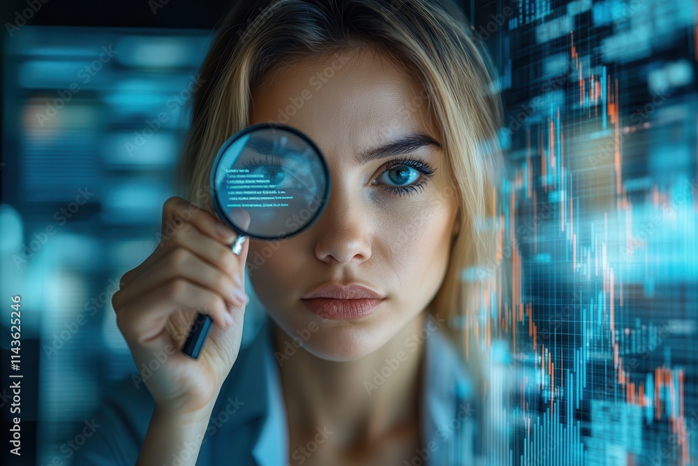 Aufkleber a focused woman examines data through a magnifying glass, illustrating analysis and technology in a 