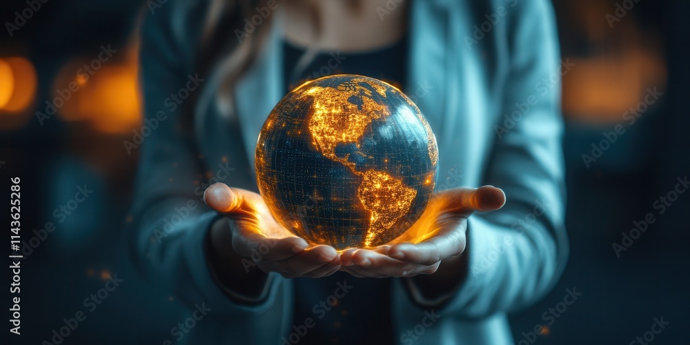 Poster a glowing globe held in hands symbolizes global connection, innovation, and responsibility in a mode