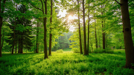 Obraz premium Sunlight filtering through lush green forest trees creating serene atmosphere for nature lovers and outdoor enthusiasts seeking relaxation and tranquility