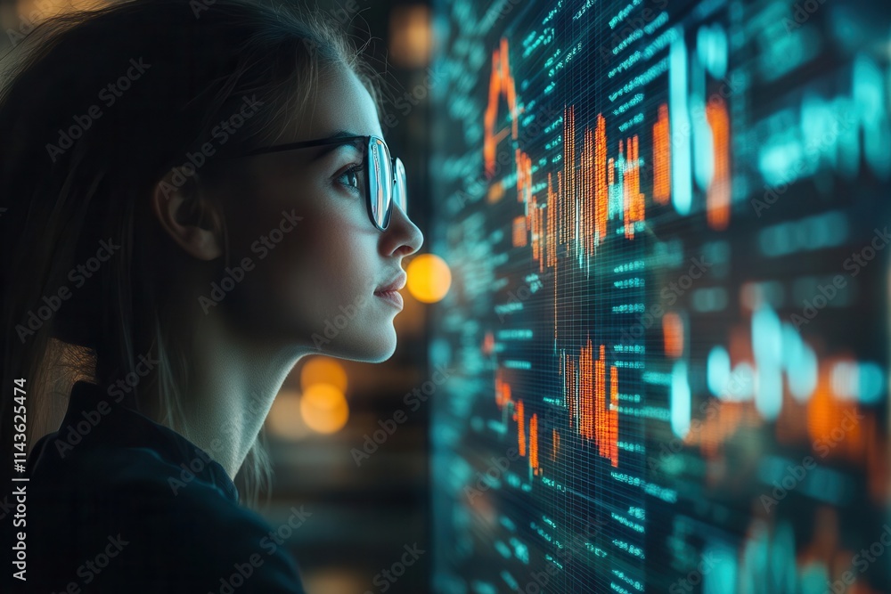 Aufkleber a focused woman gazes at a digital display filled with data and graphs, highlighting technology and 