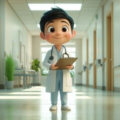 3D cartoon Asian doctor smiling warmly is wearing a white coat and stethoscope.