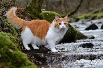 Playful orange and white cat exploring a stream in a lush forest environment