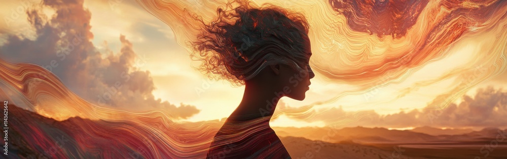 Poster profile view of a person with tilted head against a colorful sunset backdrop with swirling patterns 