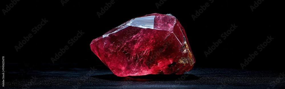 Poster Polished ruby with intense red color resting on a dark surface in a softly lit setting