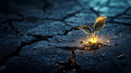 A small seedling glowing with a golden light growing through cracked concrete symbolizing the power of hope and to overcome adversity and challenges