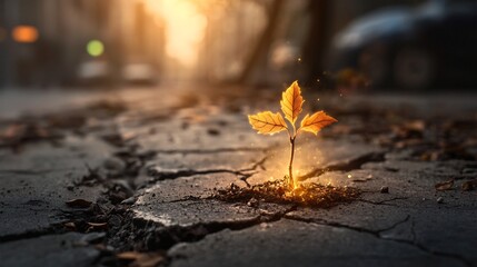 A small seedling glowing with a warm golden light emerging from cracked concrete symbolizing the power of nature to thrive and find even in the face of adversity and challenging environments