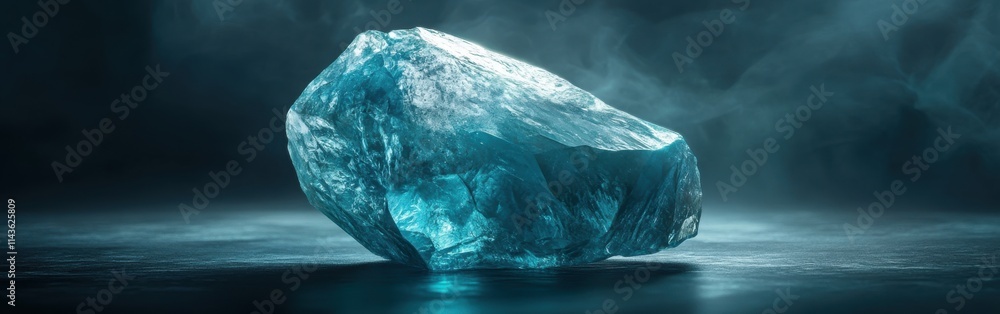 Poster polished aquamarine stone showcasing its light blue hue and unique texture in a serene setting with 