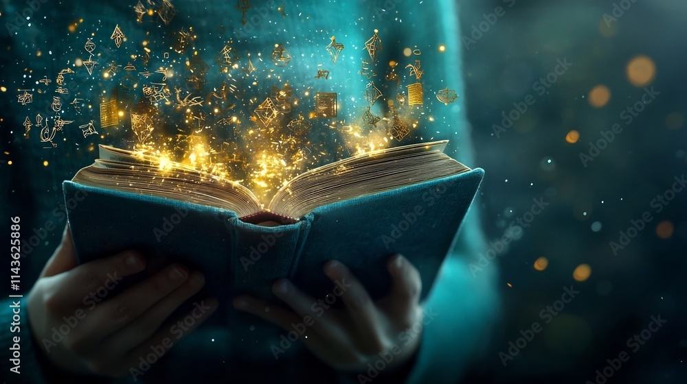 Poster a person holding a glowing book as golden light and symbols rise from its pages symbolizing the and 