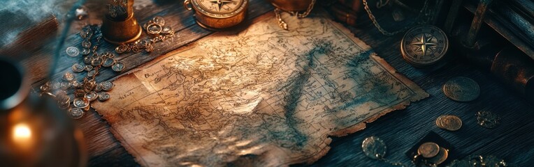 Exploring the ancient pirate map with a compass and treasure items on a wooden table