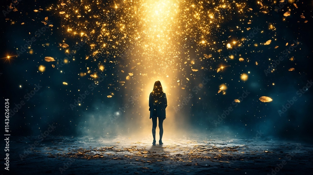 Poster a captivating figure standing beneath a glowing waterfall of radiant stars with the cascading light 