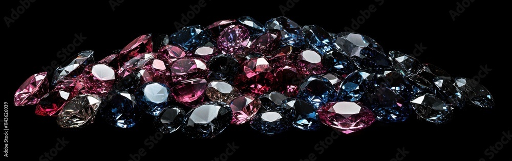 Poster pile of shimmering diamonds and rubies sparkling under soft light against a dark background