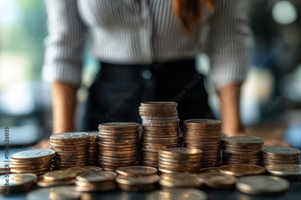Aufkleber a person stands behind stacks of coins, symbolizing wealth and financial growth in a business settin