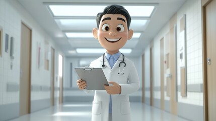 3D cartoon Asian doctor smiling warmly is wearing a white coat and stethoscope.