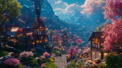 Fototapeta premium Picturesque village surrounded by mountains and spring blossoms during twilight with warm lights illuminating cozy homes