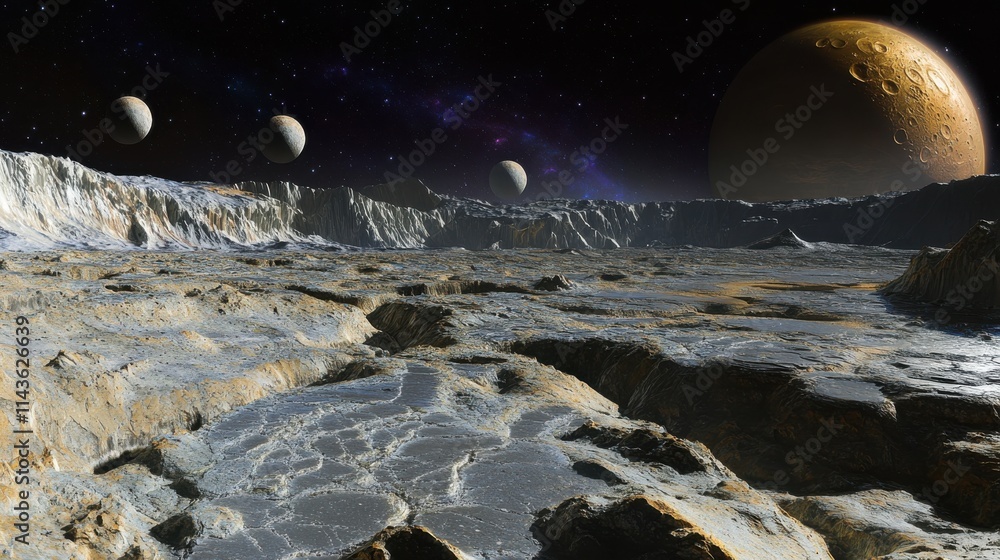 Poster panoramic view of a distant planet showing rocky terrain and multiple moons in the night sky