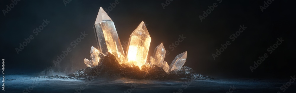 Poster Natural quartz crystal cluster with rough texture illuminated in a captivating display of light and texture