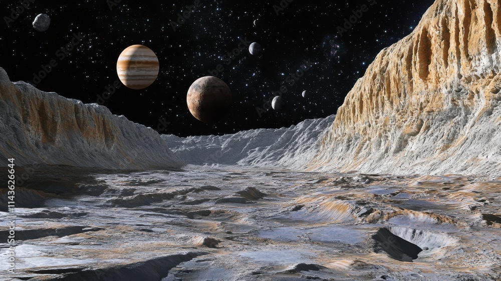 Poster panoramic view of a distant planet showcasing rocky terrain and multiple celestial bodies in the sta