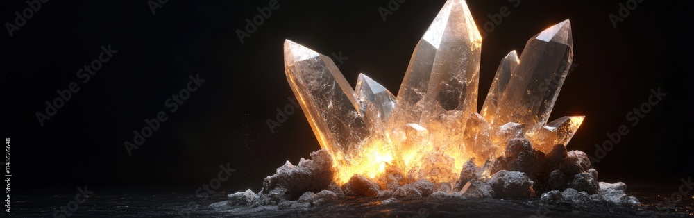 Poster Natural quartz crystal cluster exhibiting rough edges and unique formations with a glowing effect