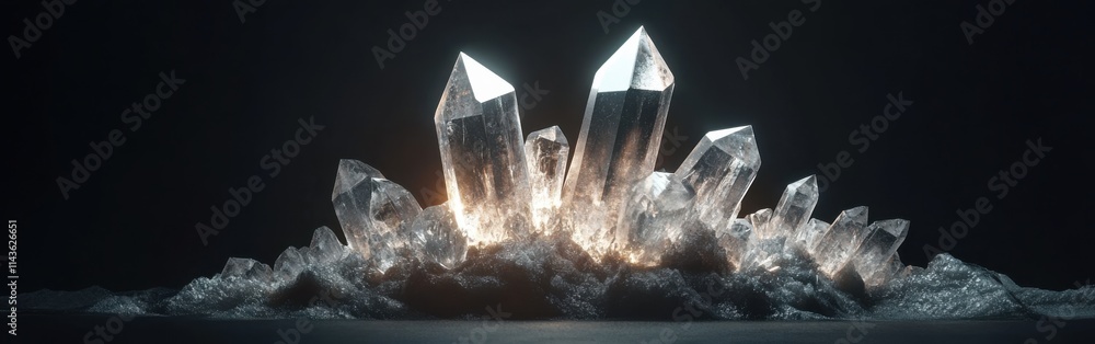 Poster natural quartz crystal cluster showcasing unique rough formations with brilliant reflections