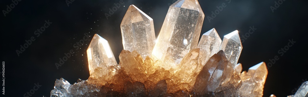 Poster Natural quartz crystal cluster with rough exterior and shining points capturing light in a serene environment