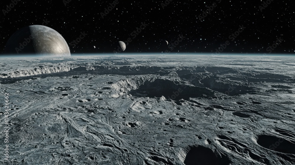 Poster stunning view of a distant planet with multiple moons and a rugged, cratered landscape under a starr