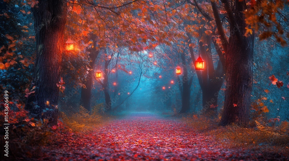 Aufkleber Mystical woodland path with glowing lanterns and colorful leaves in a serene setting