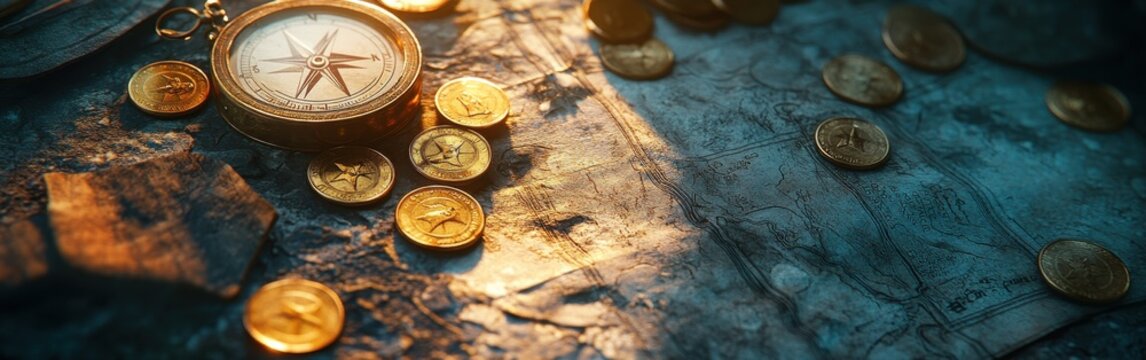 Mysterious treasure with gold coins and compass on an ancient map illuminated by warm light