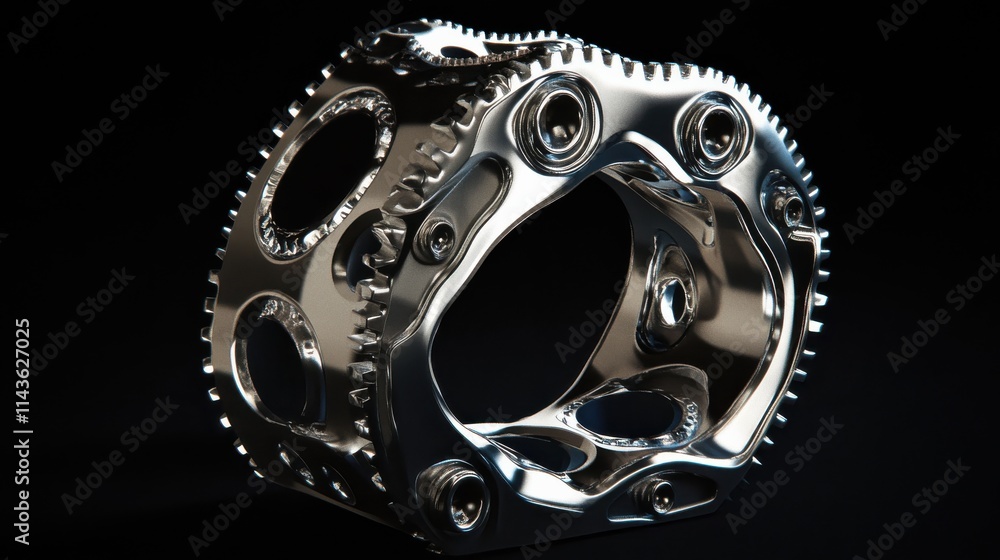 Poster stylized digital rendering of a modern mechanical component showcasing reflective surfaces and intri