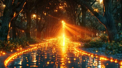 Enchanting Autumn Forest Path Illuminated by Glowing Lights and Reflections in the Serene Stream   A Fairytale like Landscape with a Magical Atmospheric Ambiance