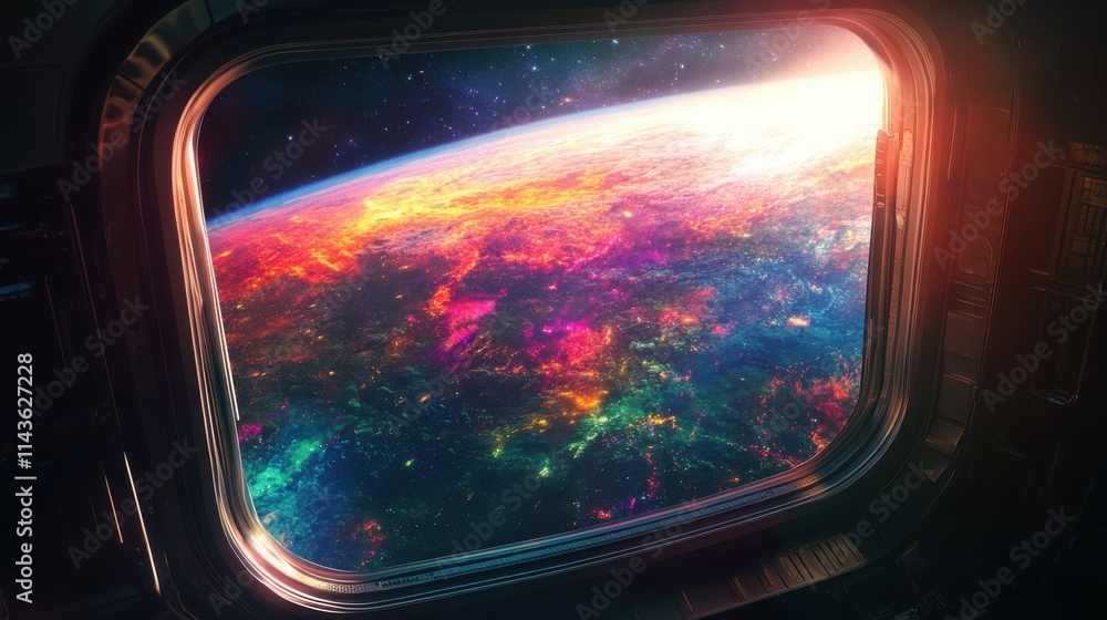 Poster colorful exoplanet view from a spacecraft window showcasing vibrant landscapes and celestial feature