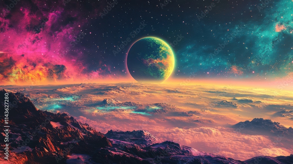 Poster mesmerizing view of colorful exoplanet above vibrant cloud layers in distant galaxy