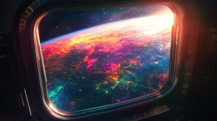 Colorful exoplanet view from a spacecraft window showcasing vibrant landscapes and celestial features