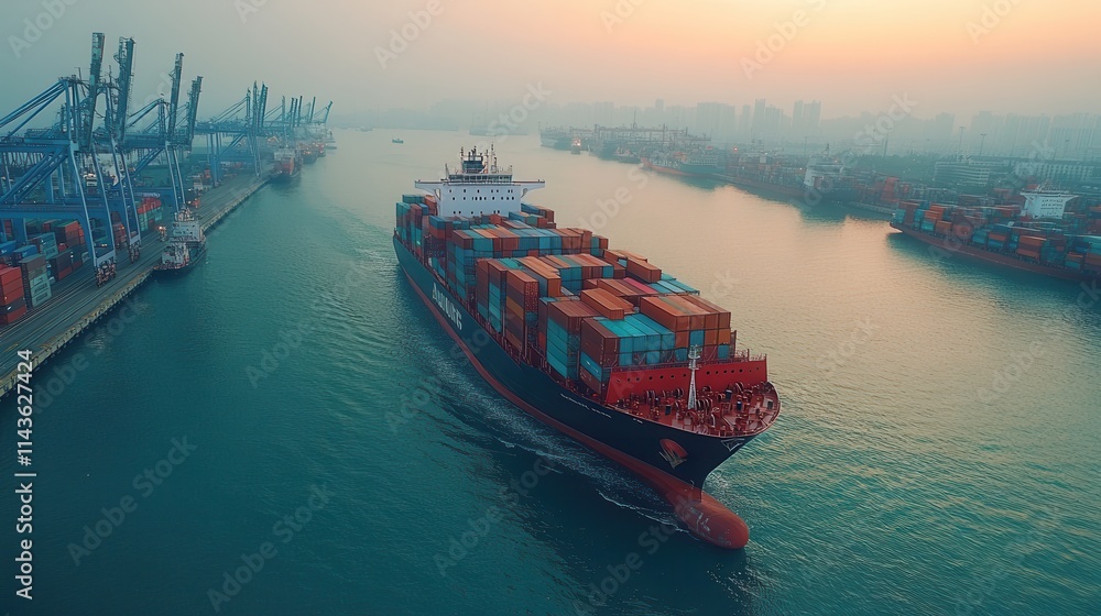 Poster a large cargo ship navigates through a busy port, surrounded by containers and cranes, under a hazy 