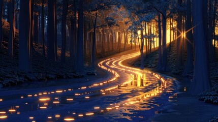 Enchanting snowy forest path illuminated by a winding trail of glowing candles in a magical twilight landscape  Serene and tranquil winter wonderland scene with towering pine trees and a mystical
