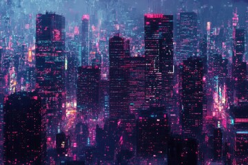 Fototapeta premium A Digital Cityscape with Glowing Windows and a Purple Sky