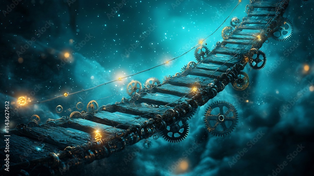 Poster glowing interconnected bridge made of gears and pathways stretching over a vast chasm symbolizing th