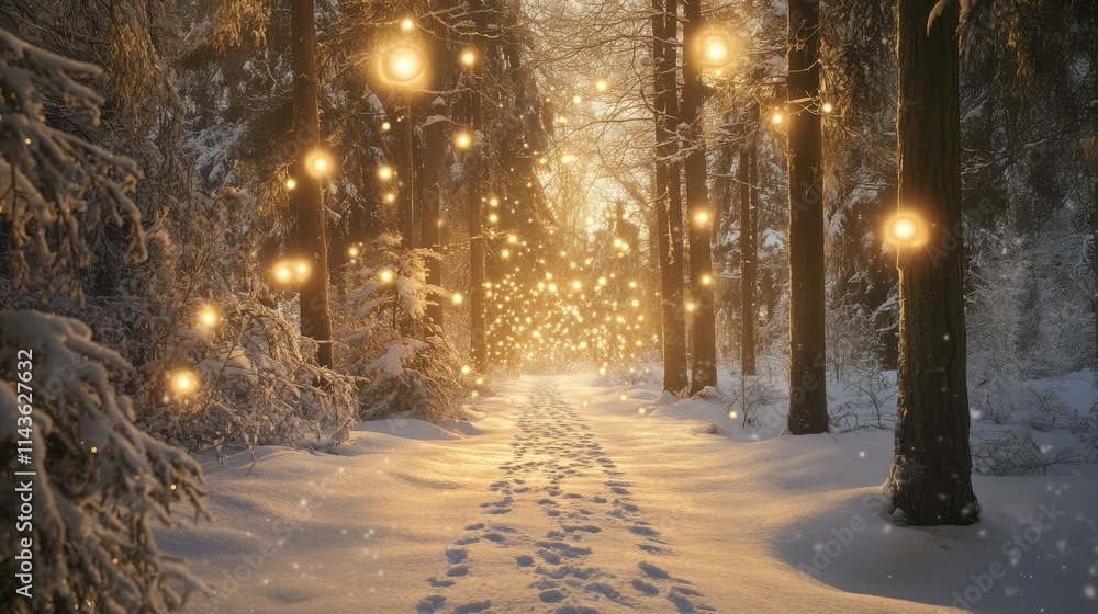 Poster magical forest path illuminated by glowing orbs and snowflakes during twilight hours