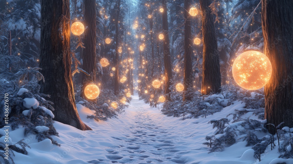 Poster magical forest path illuminated by glowing orbs amidst snowy trees during twilight