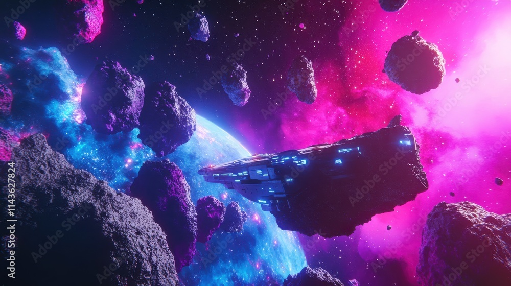Poster futuristic interstellar voyage through vibrant nebula and asteroids in deep space
